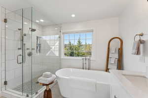 Full bathroom with a stall shower, a soaking tub, vanity, and recessed lighting
