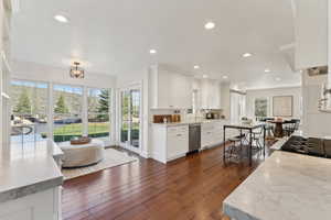Kitchen featuring white cabinetry, recessed lighting, appliances with stainless steel finishes, dark wood-style flooring, and light stone counters