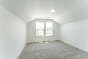 Bonus room featuring lofted ceiling, a textured ceiling, and carpet flooring