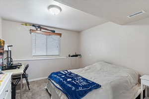 Bedroom featuring carpet, baseboards, and a textured ceiling