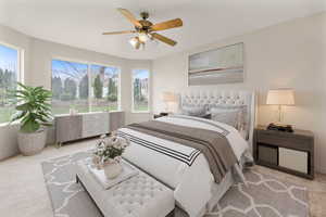 Bedroom with light carpet and ceiling fan
