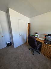 Office space with carpet flooring, a textured ceiling, and lofted ceiling