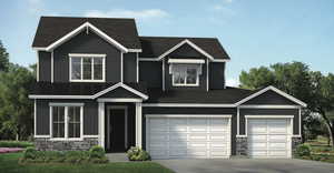 View of front of property with concrete driveway, roof with shingles, stone siding, and board and batten siding