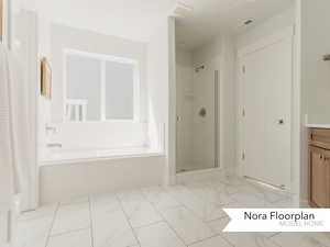 Bathroom with visible vents, marble finish floor, a garden tub, and a stall shower