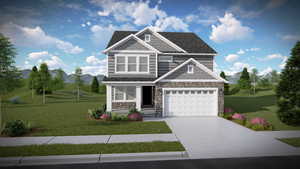 Craftsman-style house featuring a mountain view, driveway, a front yard, and stone siding