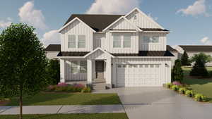 Modern inspired farmhouse featuring an attached garage, board and batten siding, driveway, and a front yard