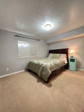 Bedroom featuring light carpet, a textured ceiling, and baseboards