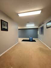 Workout area with carpet flooring, visible vents, a textured ceiling, and baseboards