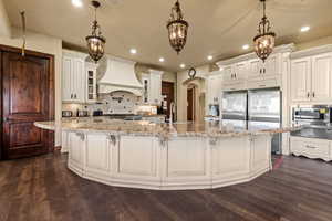 Kitchen featuring custom exhaust hood, dark wood finished floors, decorative backsplash, arched walkways, and appliances with stainless steel finishes