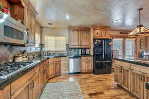 Kitchen featuring pendant lighting, light wood-type flooring, appliances with stainless steel finishes, a sink, and backsplash