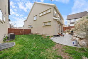 Back of house featuring central air condition unit, a yard, a fenced backyard, stucco siding, and a patio