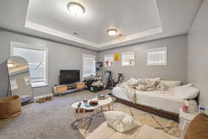 Bedroom featuring visible vents, a raised ceiling, carpet, and multiple windows