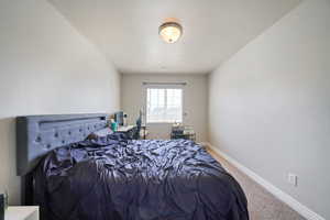 Carpeted bedroom with baseboards