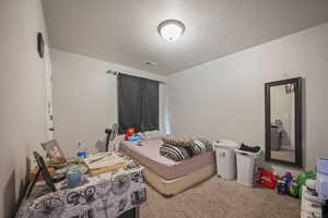 Bedroom with a textured ceiling, visible vents, and carpet floors
