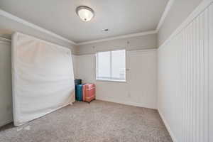Carpeted spare room with ornamental molding and visible vents