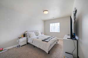 Carpeted bedroom featuring visible vents and baseboards