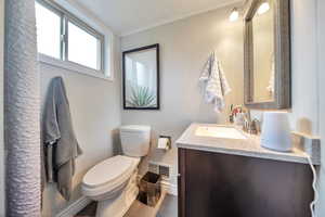 Bathroom featuring crown molding, vanity, visible vents, toilet, and wood finished floors