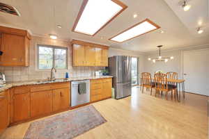 Kitchen featuring stainless steel appliances, plenty of natural light, light wood finished floors, and a sink
