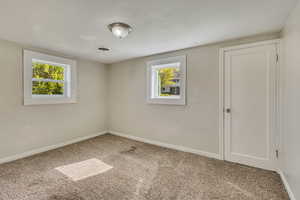 Empty room featuring carpet floors, a healthy amount of sunlight, and visible vents