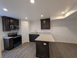 Kitchen featuring dark brown cabinetry, a peninsula, wood finished floors, a sink, and stainless steel appliances