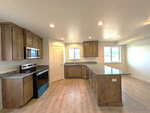 Kitchen featuring a peninsula, light wood-style floors, dark stone counters, stainless steel appliances, and a sink