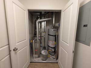 Utilities with electric panel and secured water heater