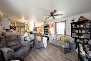 Living area with a ceiling fan and wood finished floors