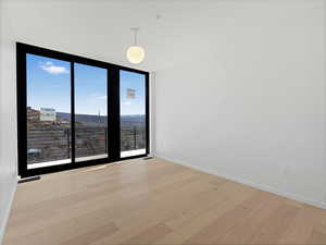 Spare room featuring visible vents, light wood finished floors, baseboards, and a wall of windows