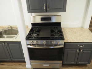 Room details with light stone counters, stainless steel gas range oven, gray cabinetry, light wood-style floors, and a sink