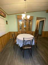 Dining room featuring a chandelier, wainscoting, wood finished floors, and wooden walls