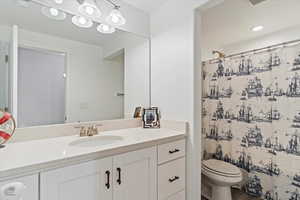 Full bathroom featuring toilet, a shower with shower curtain, and vanity