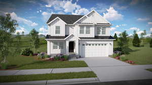 Modern farmhouse style home with board and batten siding, a garage, roof with shingles, a front yard, and driveway