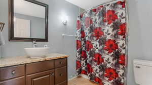 Full bathroom with tile patterned floors, vanity, toilet, and a shower with curtain