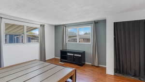 Unfurnished bedroom with multiple windows, wood finished floors, and a textured ceiling