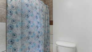 Full bathroom featuring toilet and a shower with curtain