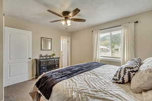 Carpeted bedroom featuring ceiling fan
