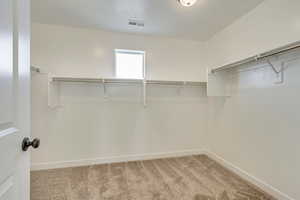 PHOTOS FROM SIMILAR HOME. OPTIONS AND FINISHES WILL VARY. Primary suite walk in closet featuring visible vents and carpet floors