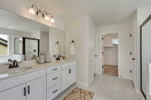 PHOTOS FROM SIMILAR HOME. OPTIONS AND FINISHES WILL VARY. Primary suite full bath with a stall shower, marble finish floor, a sink, and visible vents