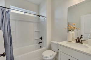 PHOTOS FROM SIMILAR HOME. OPTIONS AND FINISHES WILL VARY. Bathroom featuring toilet, vanity, shower / bath combination with curtain, and visible vents