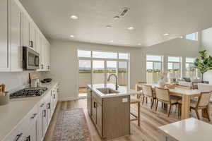 PHOTOS FROM SIMILAR HOME. OPTIONS AND FINISHES WILL VARY. Kitchen featuring appliances with stainless steel finishes, recessed lighting, visible vents, a healthy amount of sunlight, and a sink