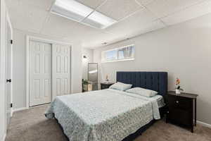 Bedroom with a paneled ceiling, a closet, visible vents, and carpet floors