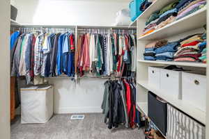 Walk in closet featuring visible vents and carpet floors