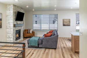 Living area featuring baseboards, plenty of natural light, light wood-style floors, and a fireplace