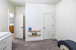 Bedroom with visible vents, baseboards, and carpet floors