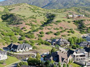 Aerial view of residential area with mountains