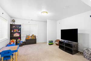 Rec room featuring baseboards, carpet flooring, and a healthy amount of sunlight