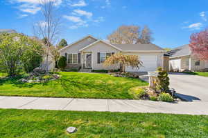 Single story home with driveway, an attached garage, and a front lawn