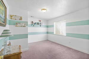 Empty room with visible vents, baseboards, a textured ceiling, and carpet floors