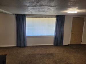 Empty room with a textured ceiling, baseboards, and carpet floors