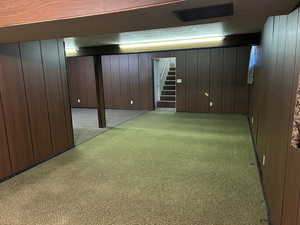 Finished basement with stairs, carpet flooring, and wooden walls